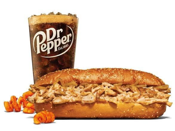 Arby's Chicken Cheesesteak on a sesame roll with curly fries and a drink