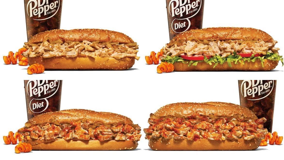 Arby's Chicken Cheesesteak, Deluxe Chicken Cheesesteak, Spicy Chicken Cheesesteak and Half Pound Spicy Chicken Cheesesteak
