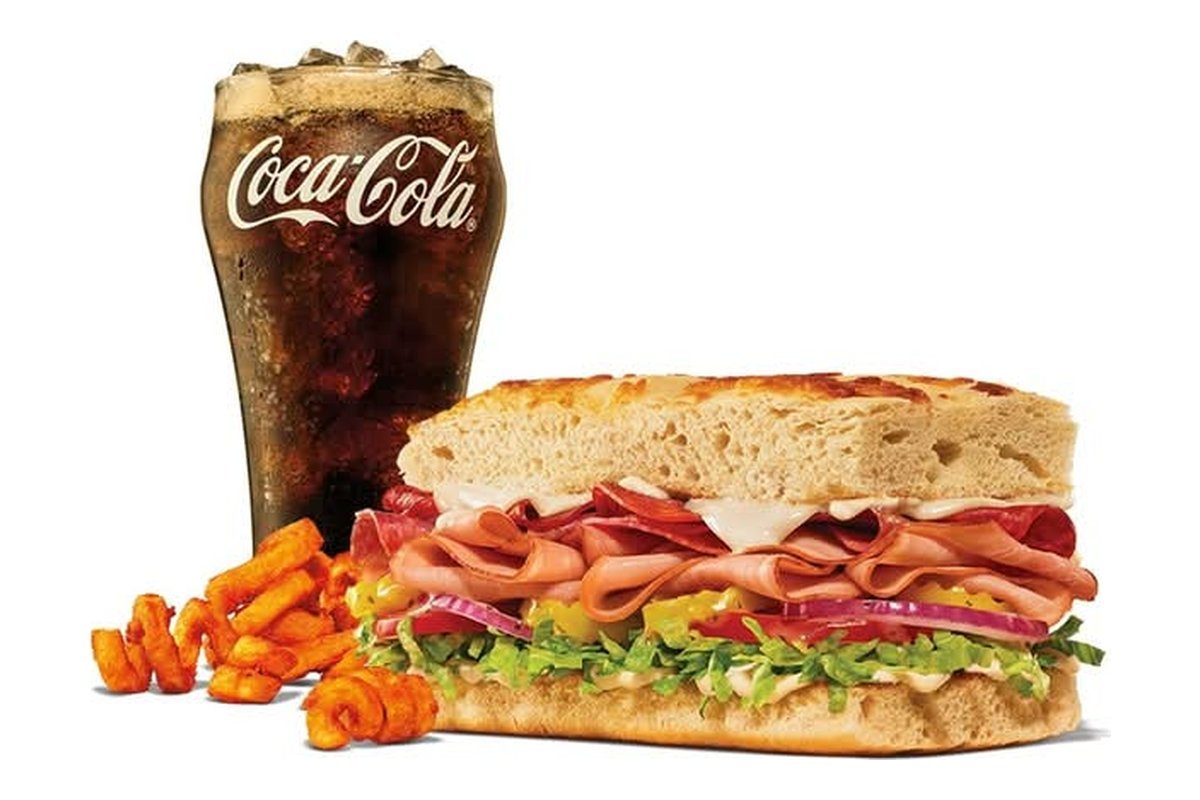 Arby's Loaded Italian Stacker on mozzarella-topped Stacker Bread with curly fries and a Coca-Cola