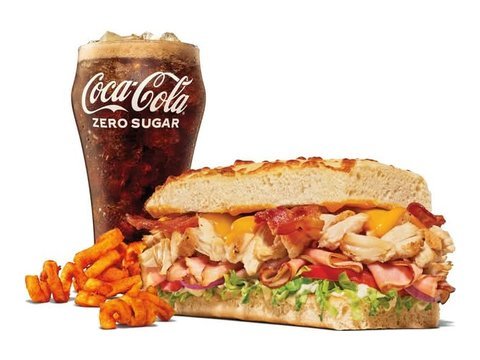 Arby's Sweet n' Golden Triple Stacker with curly fries and a drink