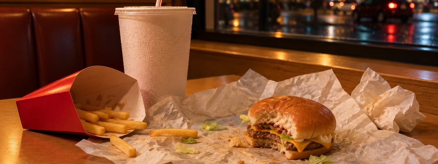 The last bites of a fast food meal in a booth at night
