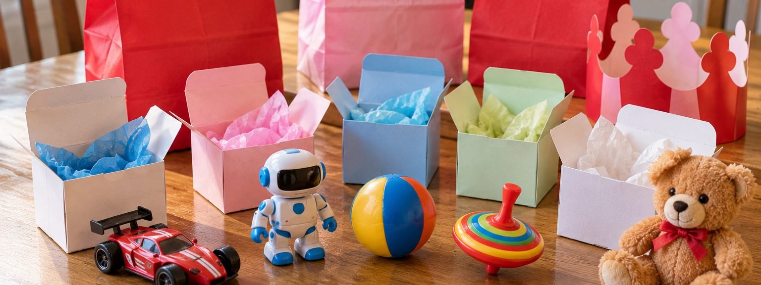 Kids meal bags, opened toy boxes and small toys on a kitchen table