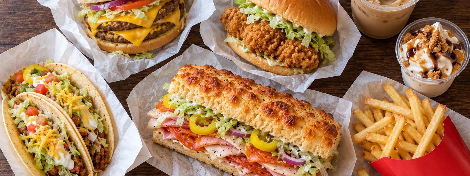 A spread of new fast food items: burgers, chicken sandwich, tacos, a sub, fries and iced coffee