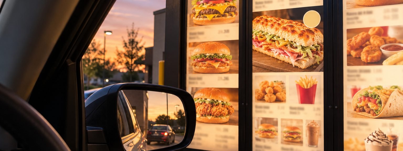 A drive-thru menu board seen from a car window at dusk