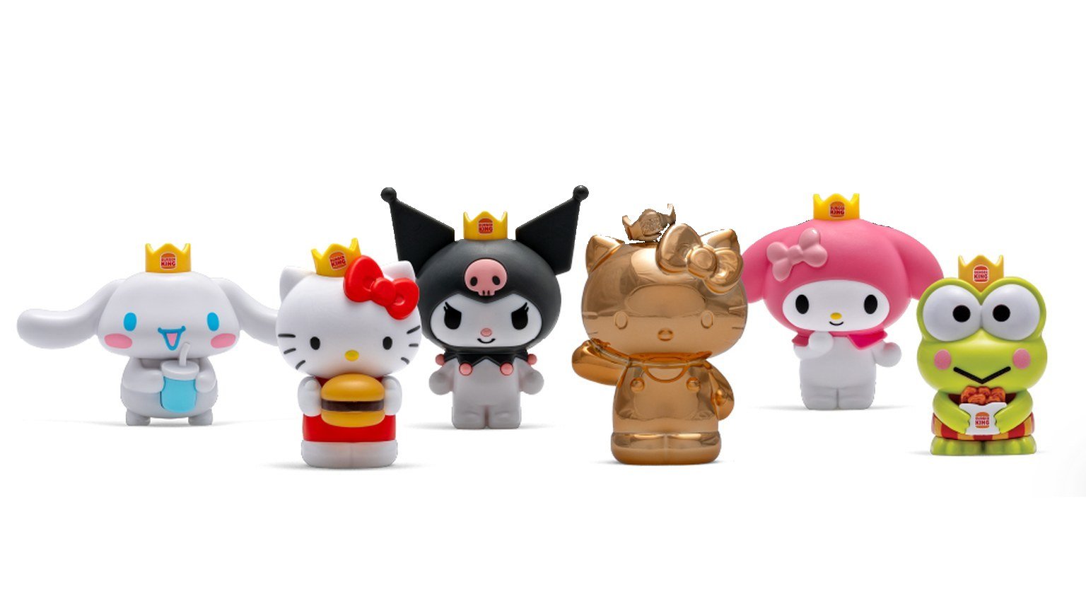 Official Burger King Hello Kitty and Friends King Jr. Meal toys: Cinnamoroll, Hello Kitty, Kuromi, golden Hello Kitty, My Melody and Keroppi, with the crown, nuggets, fries and juice