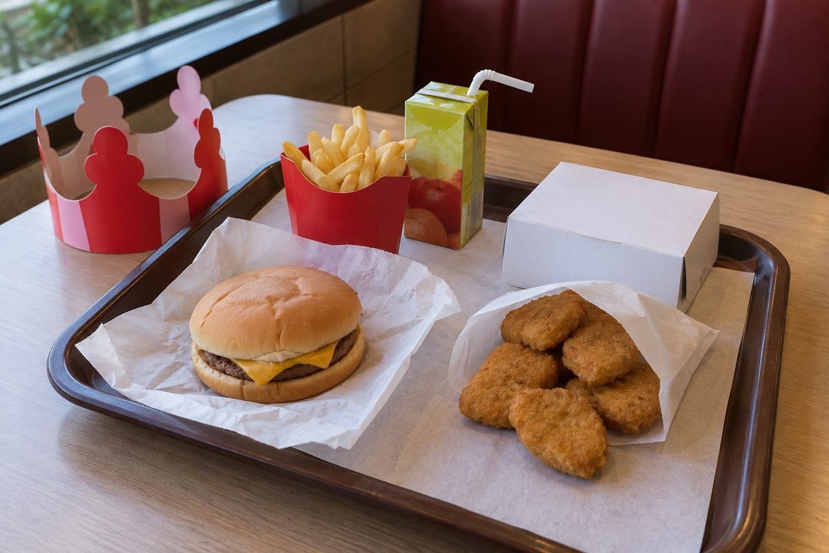 A kids fast food meal on a restaurant tray with a burger, nuggets, fries, juice, a paper crown and a sealed toy box
