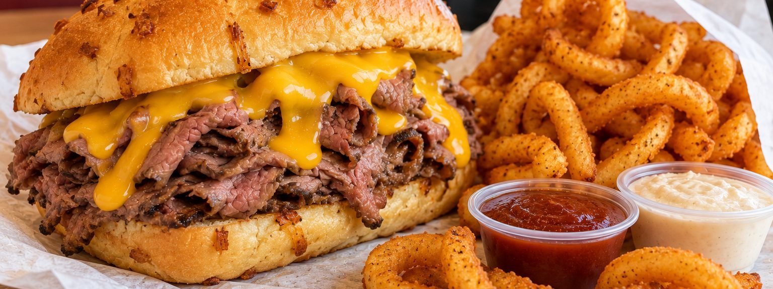 Roast beef sandwich with curly fries and dipping sauces