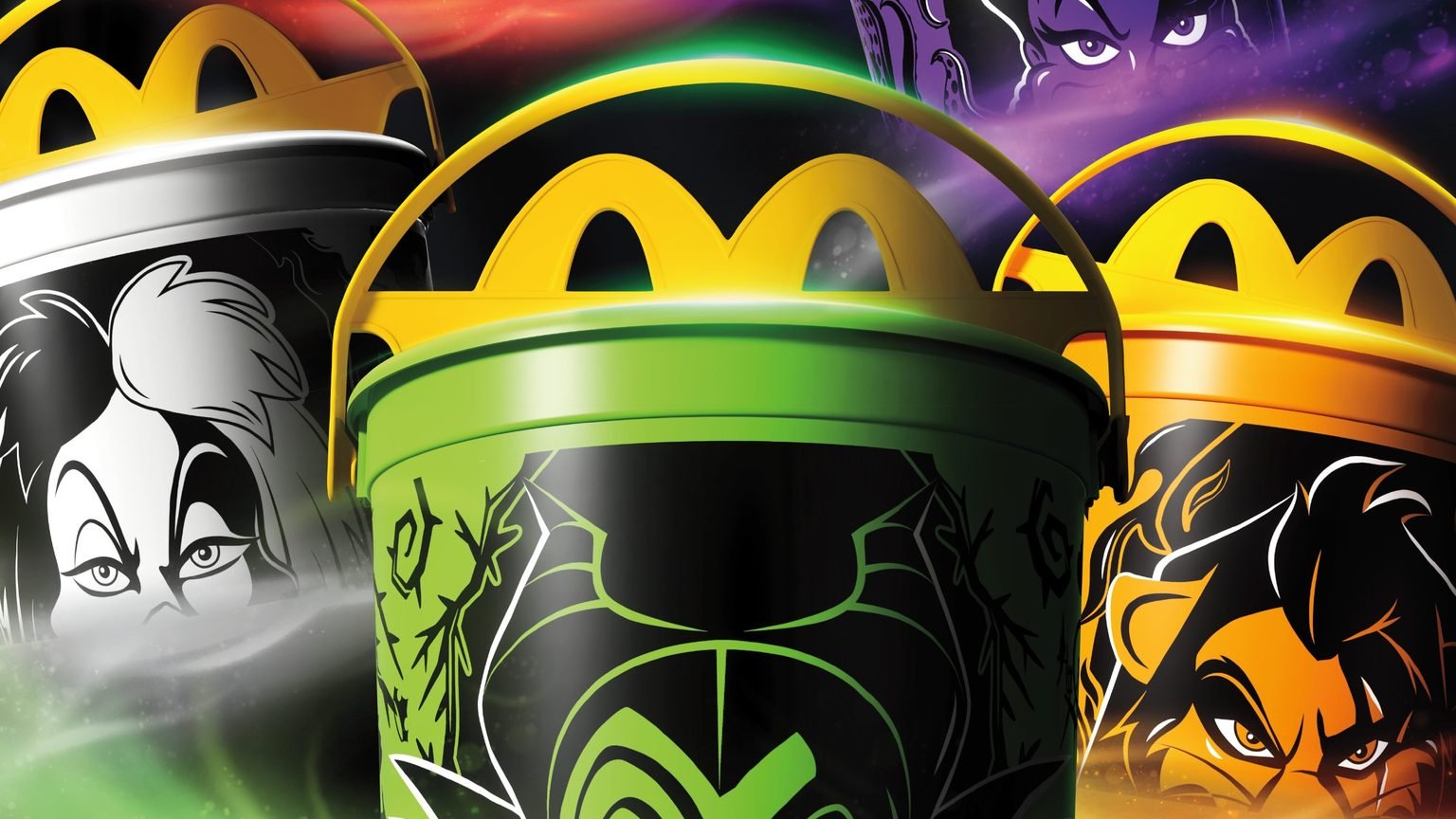 Cruella de Vil, Maleficent and Scar Disney Villains Boo Buckets with yellow Golden Arches handles
