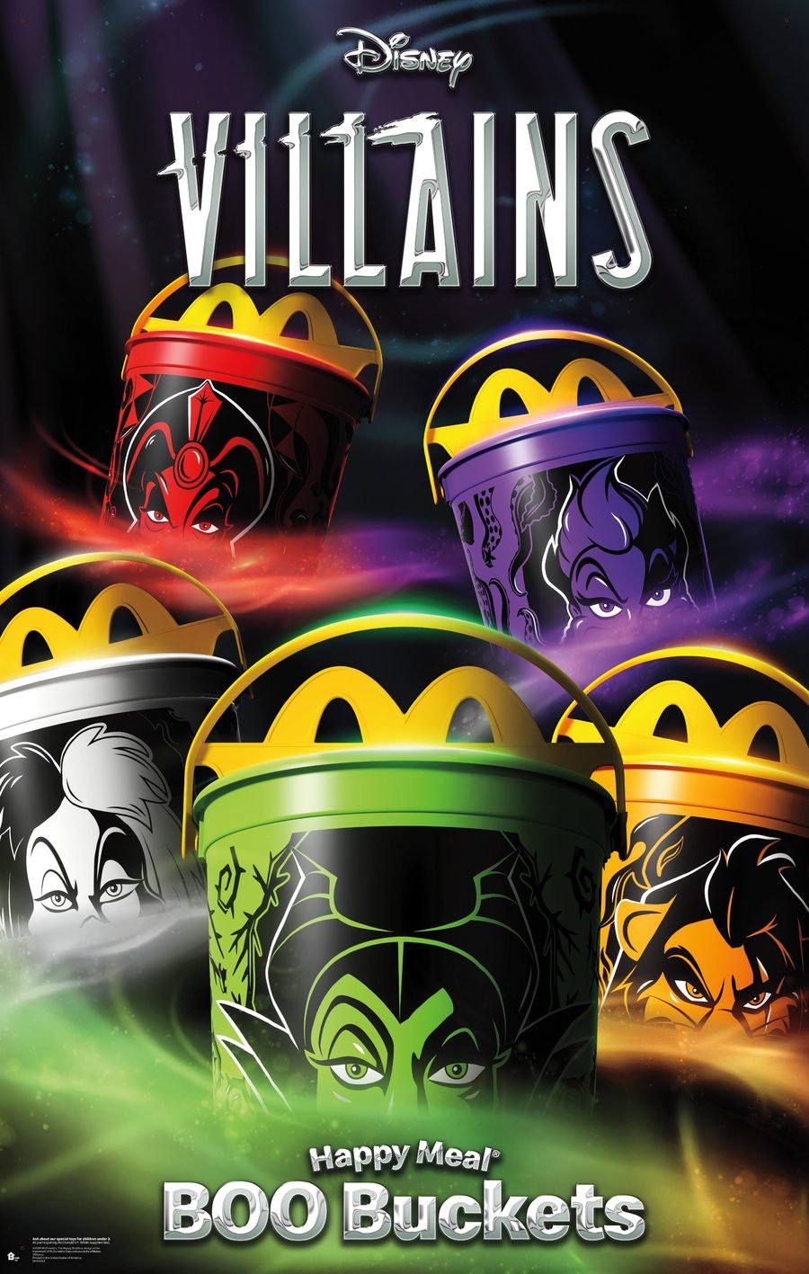Official McDonald's Disney Villains Happy Meal Boo Buckets poster showing the Jafar, Ursula, Cruella de Vil, Maleficent and Scar buckets