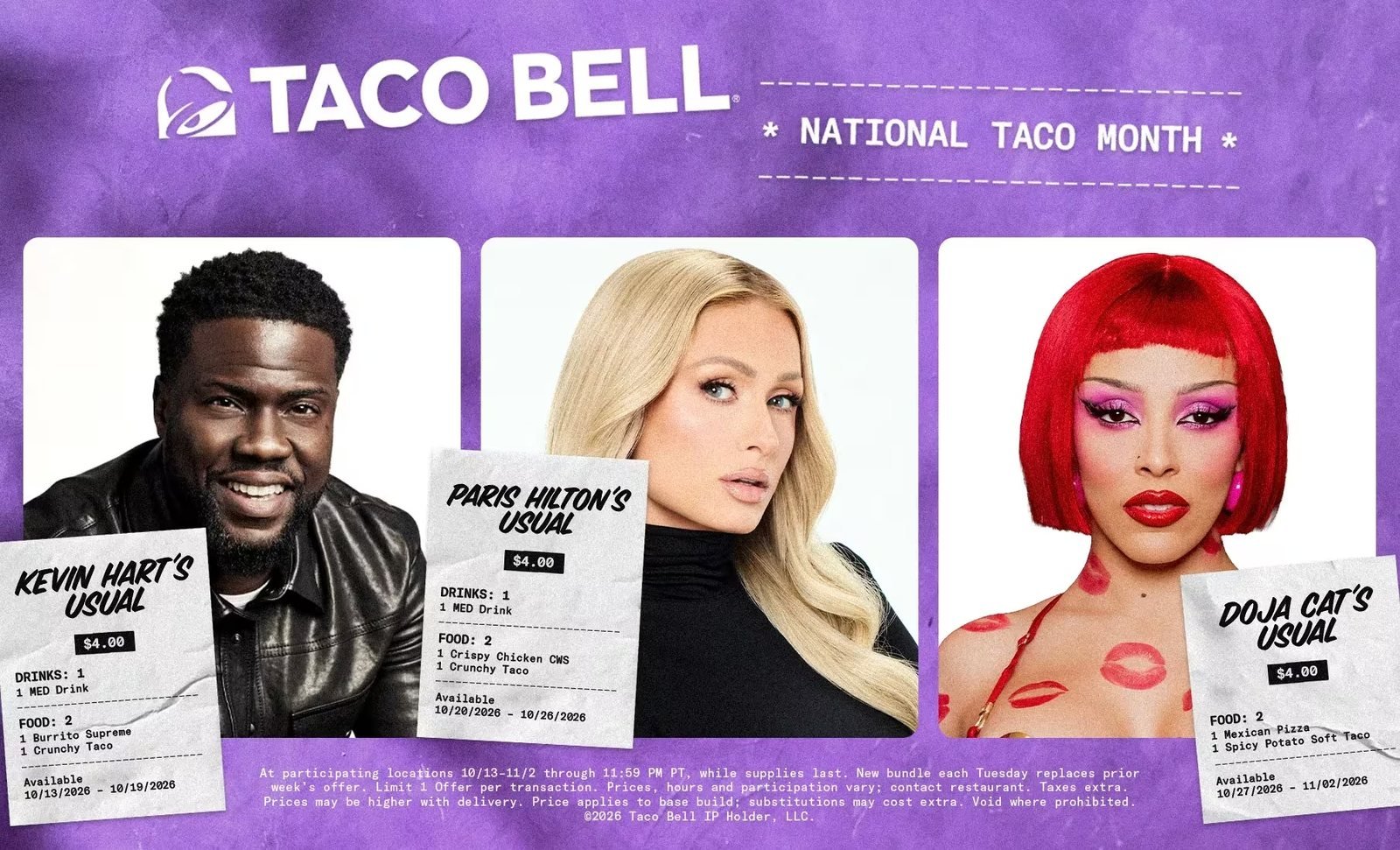 Taco Bell National Taco Month $4 Usuals for Kevin Hart, Paris Hilton and Doja Cat