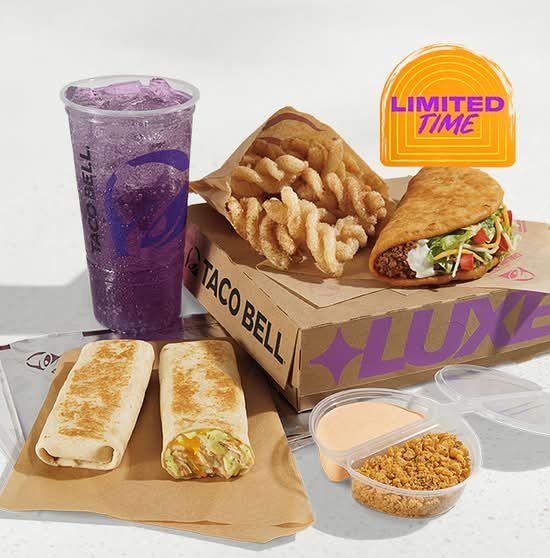 Taco Bell Discovery Luxe Box with Double Dipping Burritos, Chalupa, Cinnamon Twists and drink
