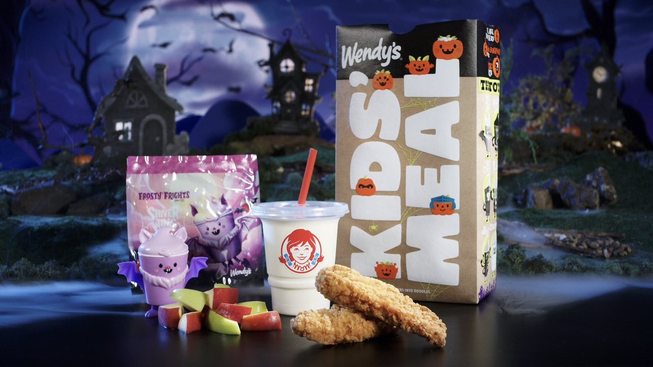 Wendy's Frosty Frights Kids' Meal with the bat toy, chicken tenders, Apple Bites and a kids' drink